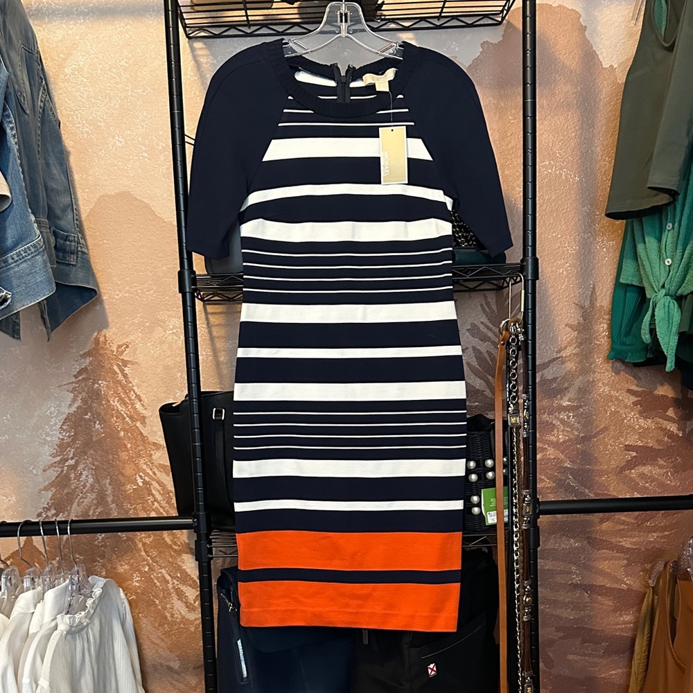 NWT Michael Kors Navy and White Striped Crewneck Dress with Orange Tag Detail